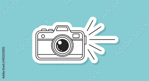 Digital photo camera icon with rays of light coming from the flash to symbolize photography, capturing moments, and media equipment.