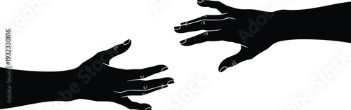 Two reaching hands silhouette, helping support gesture concept, black isolated human connection vector illustration on white background