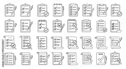 Extensive grid of various checklist and clipboard icons showing different ways to represent task lists, surveys, and completed goals.