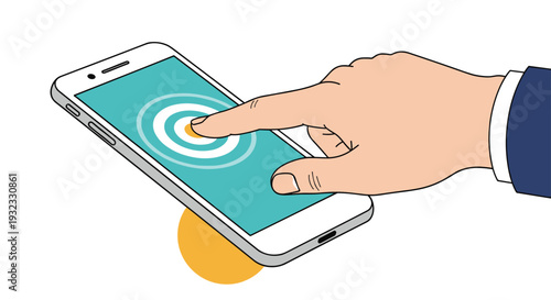 Close up of a hand using a finger to touch a smartphone screen with circular ripples to represent mobile app interaction and navigation.