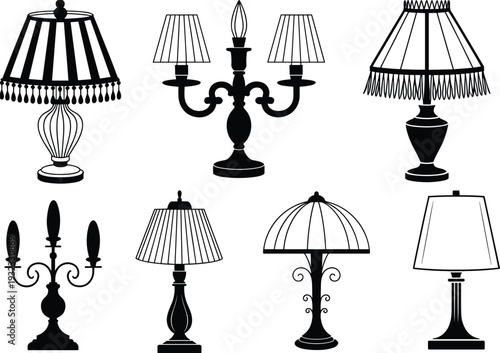Vintage table lamp and candelabra silhouettes vector collection, classic decorative lighting fixtures isolated for elegant interior decor design