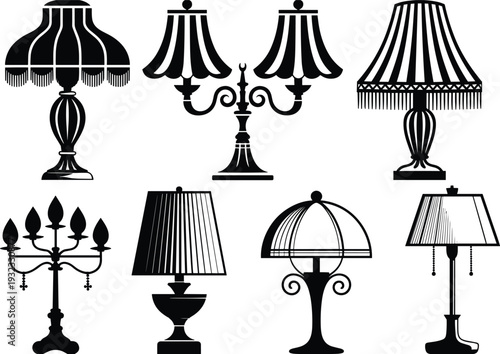 Vintage table lamp silhouettes collection, classic decorative lighting fixtures vector set isolated on white background for interior design projects