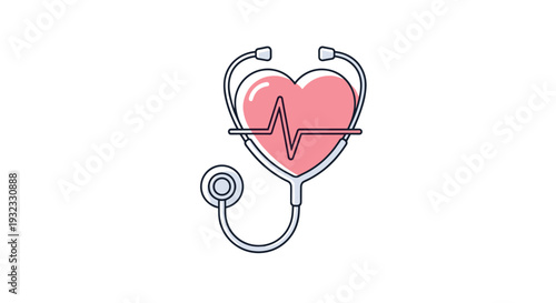 Medical heart health icon featuring a pink heart shape with a pulse line integrated into a silver stethoscope for cardiac care.