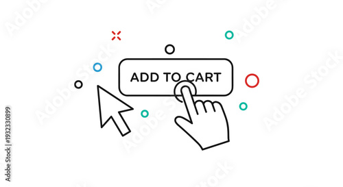 Interactive add to cart button being clicked by a human hand cursor with colorful geometric decorations around it.