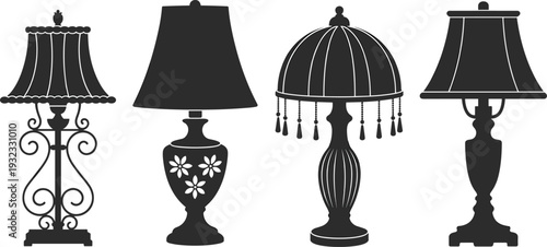 Vintage table lamp silhouettes collection, ornate classic decorative lighting fixtures vector set isolated for elegant interior home decor