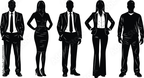 Set of black business professional silhouettes featuring men and women in suits and smart casual attire isolated on white background for corporate office design.