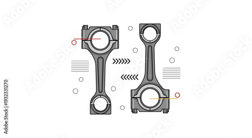 Mechanical engineering diagram of two engine pistons and connecting rods with technical lines and circles.