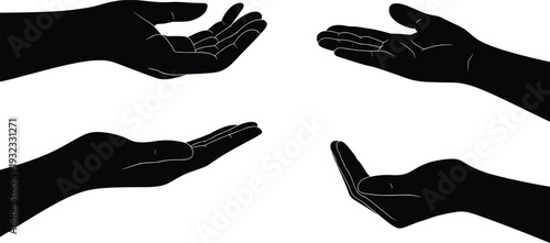 Open human hand silhouettes collection set, empty palms reaching for help, giving or receiving support gesture elements