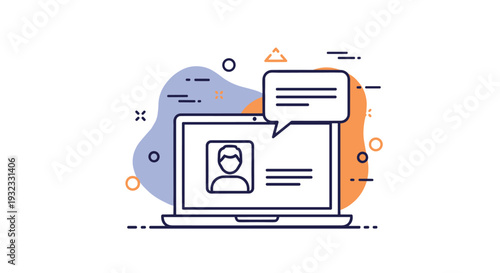 Laptop computer screen displaying a personal user profile and a chat message bubble against an abstract base.