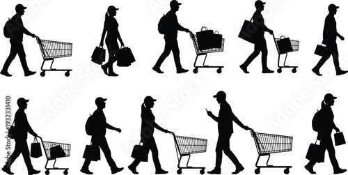 Set of black shopper silhouettes featuring men and women with shopping carts and bags walking isolated on white background for retail and consumerism design.
