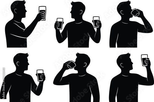 Black Silhouette Set of Men Drinking Water or Beer from Glasses and Mugs Isolated on White Background for Health Hydration Pub Night and Socializing