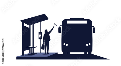 Dark silhouette of a commuter at a bus stop waving their arm to signal an approaching bus in a city at night.