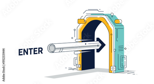 Futuristic portal entrance showing a blue and orange archway with an arrow pointing through into a tunnel.