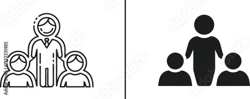 Leadership and teamwork icon set, manager team group people business organization vector silhouette illustration