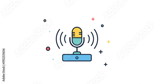 Podcast microphone icon with signal waves and colorful decorative dots in a clean flat design style on a white background.
