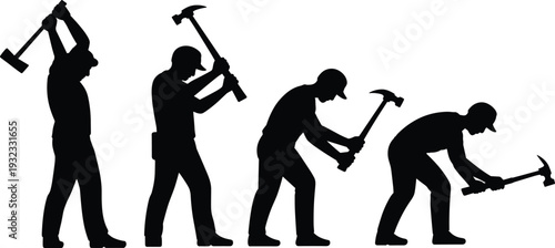 Construction worker silhouettes collection set, male builder character working with hammer tools, professional industrial labor elements