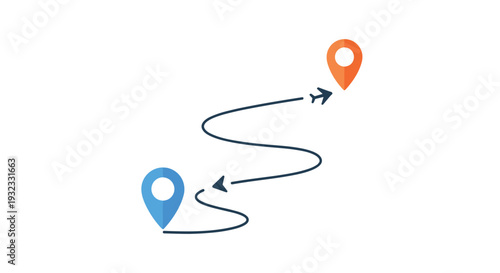Travel route illustration with blue and orange map pins connected by a winding line representing a plane journey destination.