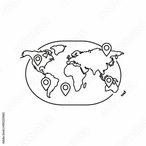 Minimalist world map outline with location pin icons in continuous line art style on white background, ideal for logistics branding, travel agency websites and global business presentations