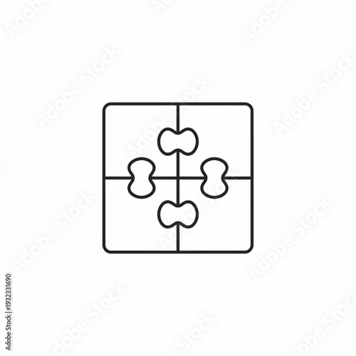Minimalist black line icon of a four piece square jigsaw puzzle on plain white background, ideal for team collaboration graphics, business strategy icons and logical problem solving presentations