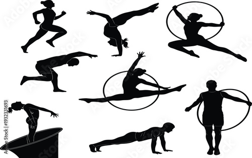 Silhouette of various gymnasts performing acrobatic stunts and exercises
