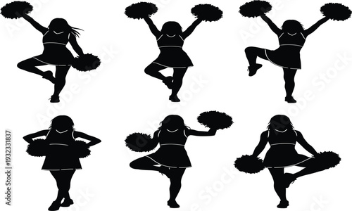 Six cheerleaders in various poses with pom poms