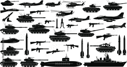 Military vehicles and weapons silhouette set, tanks aircraft helicopters missiles guns submarine warship vector illustration collection isolated