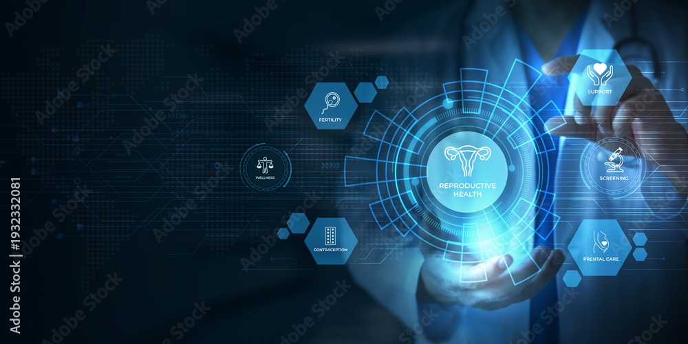 Fototapeta premium Reproductive health concepts with icons for fertility wellness contraception support screening and prenatal care integrated into a futuristic medical technology display