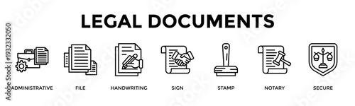 Legal Documents Banner Web Icon Set Collection Pack Vector Illustration Concept For Administrative, File, Handwriting, Sign, Stamp, Notary, Secure