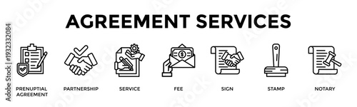 Agreement Services Banner Web Icon Set Collection Pack Vector Illustration Concept For Prenuptial Agreement, Partnership, Service, Fee, Sign, Stamp, Notary