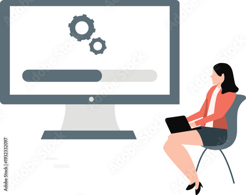 The girl is looking update setting on monitor