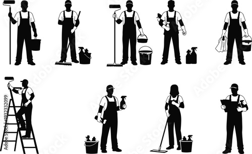 Set of professional cleaner silhouettes featuring men and women with mops, paint rollers, and buckets isolated on white background for janitorial and maintenance services.