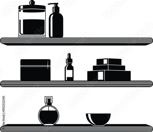 Minimalist bathroom shelf with cosmetic containers, skincare bottles and perfume silhouette illustration, modern black and white home decor design