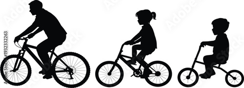 Family riding bicycles silhouettes collection set, father and children cycling together, outdoor active healthy lifestyle elements