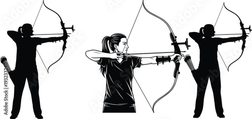Female archer silhouette set, woman practicing archery with bow and arrow isolated vector illustration