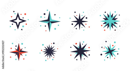 A collection of eight colorful atomic era starburst shapes perfect for design projects on transparent background silhouette high quality professional