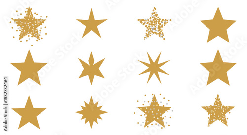 A collection of golden stars in various shapes and sizes ideal for design projects on transparent background silhouette