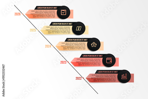 five step minimalistic Iconic timeline layout With Diagonal Flowsoft Pastel Palette vector template design