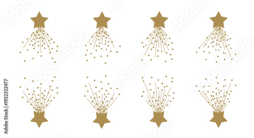 A collection of golden stars with sparkling trails arranged in a grid pattern on transparent background silhouette high quality