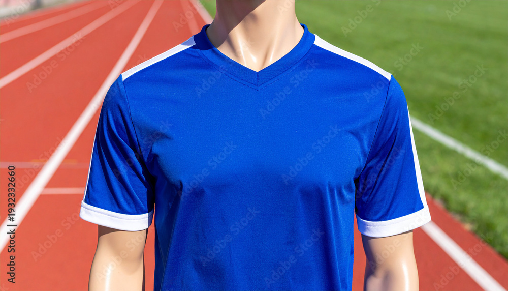 Fototapeta premium Man wearing blue sports shirt standing on red athletic track outdoors