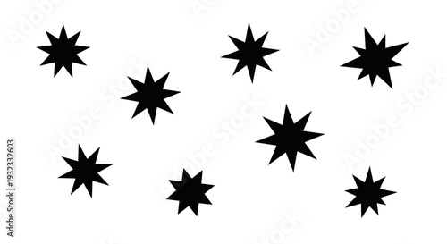 A collection of eight black star shaped silhouettes floating in space on transparent background high quality professional detailed modern elegant