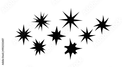 A collection of eight black starburst shapes arranged closely together on transparent background silhouette high quality professional detailed modern