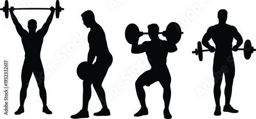 Men weightlifting silhouettes collection set, male athletes training with heavy barbells, professional gym bodybuilding and powerlifting