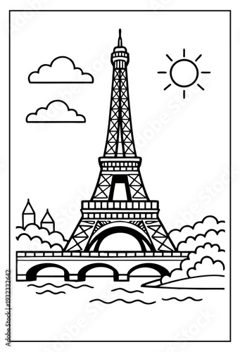 Simple outline vector illustration design of the iconic Eiffel Tower landmark structure in Paris standing over river bridge with sun and clouds.
