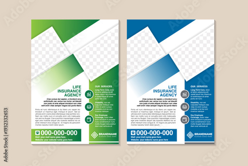 Health insurance poster template. life insurance agency flyer on vertical layout. two colors gradient can be used. abstract design on white background with diagonal photo space. 