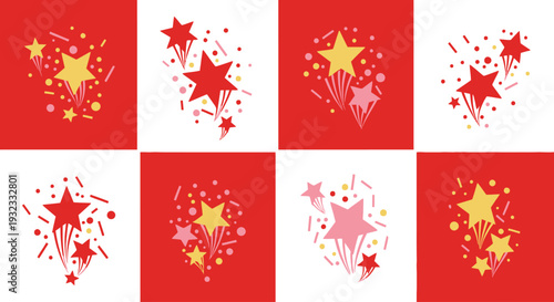 A vibrant pattern of red and gold stars bursting with celebratory energy ideal for design work on transparent background silhouette