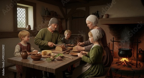 Family gathered around a wooden table in a rustic medieval kitchen scene