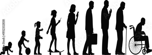 Human life cycle evolution silhouettes set, aging process from baby to elderly person in wheelchair