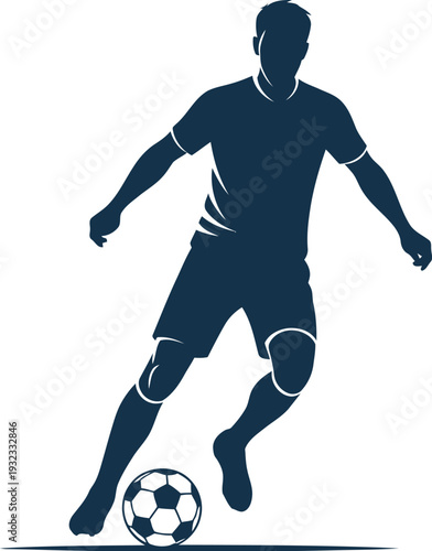 Silhouette of a determined soccer player skillfully dribbling a football on a white background for sports design