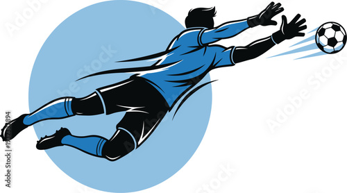 Dynamic illustration of a skilled soccer goalkeeper in mid-air, making a dramatic save while diving to block the fast-approaching ball.