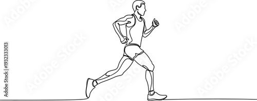 Minimalist single line drawing illustrates an athletic male runner in full stride demonstrating continuous forward motion and speed